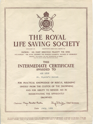 Royal Life Saving Society certificate